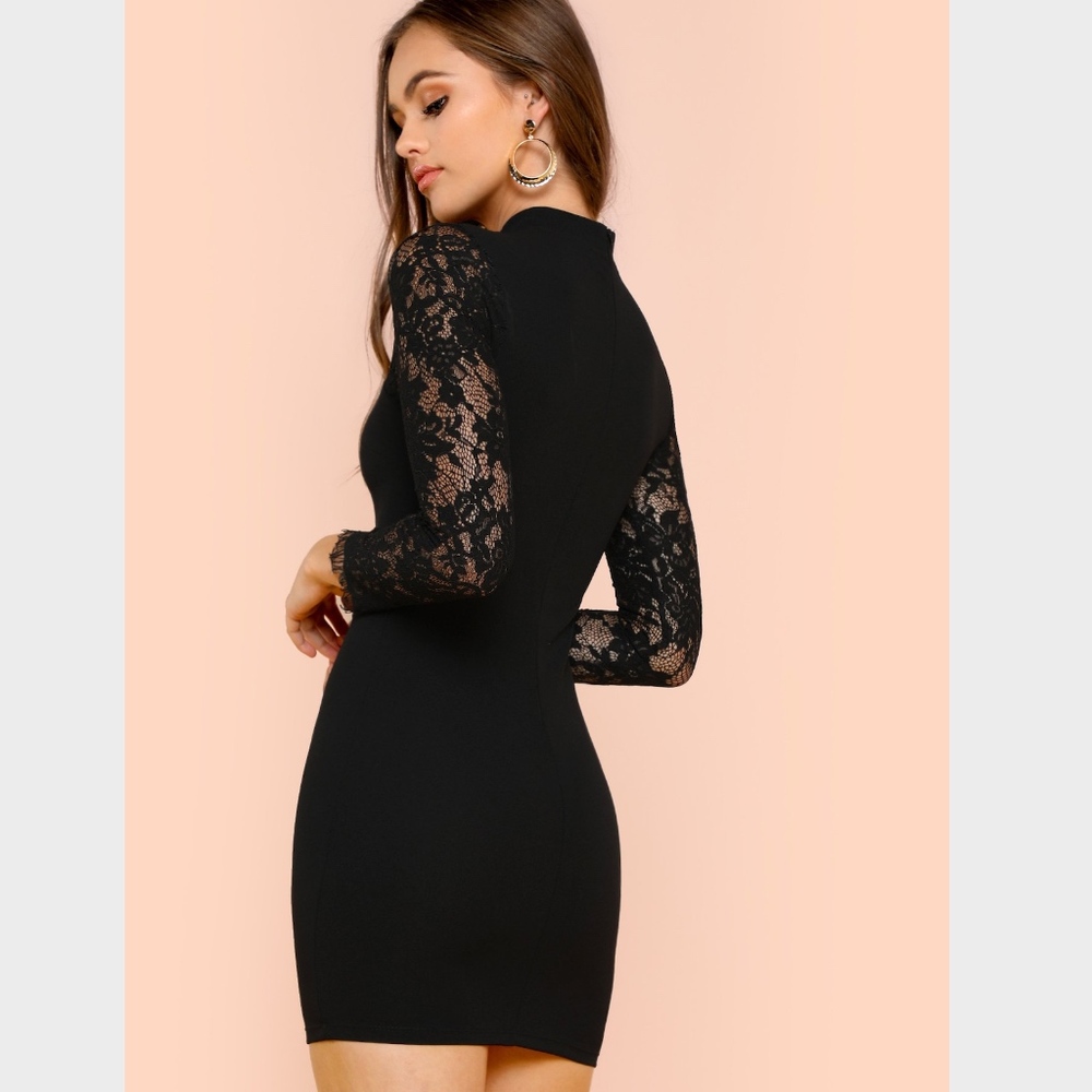 Lace Detail Keyhole Neck Black Mini Dress - Picture 3 of 8